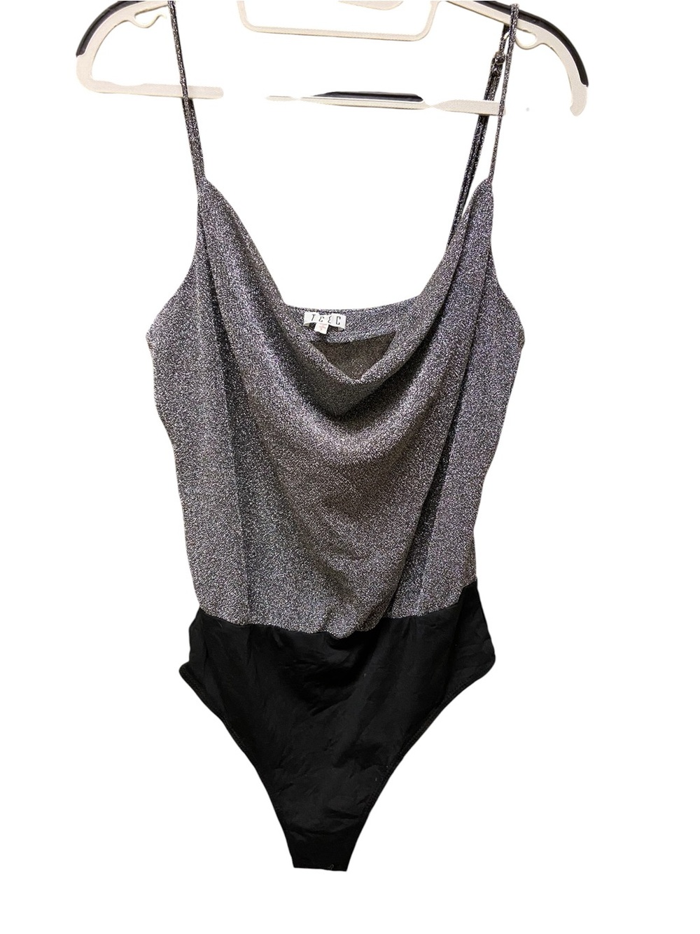 TCEC Women’s Silver Metallic Shimmer Cowl Neck Bodysuit Size L Sparkle Glam